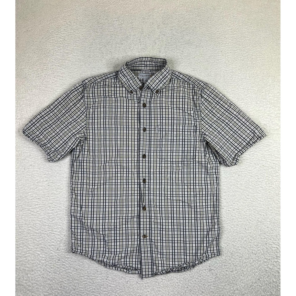 Carhartt Shirt Mens‎ Medium Blue Green Plaid Short Sleeve Button Down Cotton